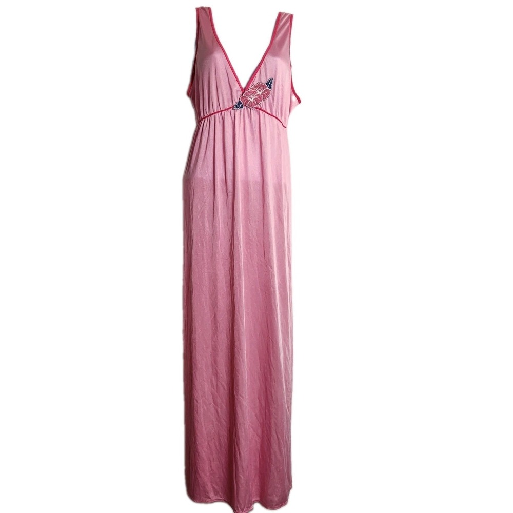 Vintage Pink Nylon Maxi Nightgown Dress Hibiscus Floral Coquette Cottagecore 1X